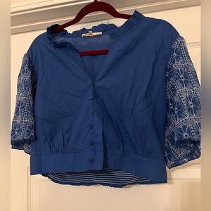 Solitaire Blue Crop Button Down Shirt with Mandarin Collar